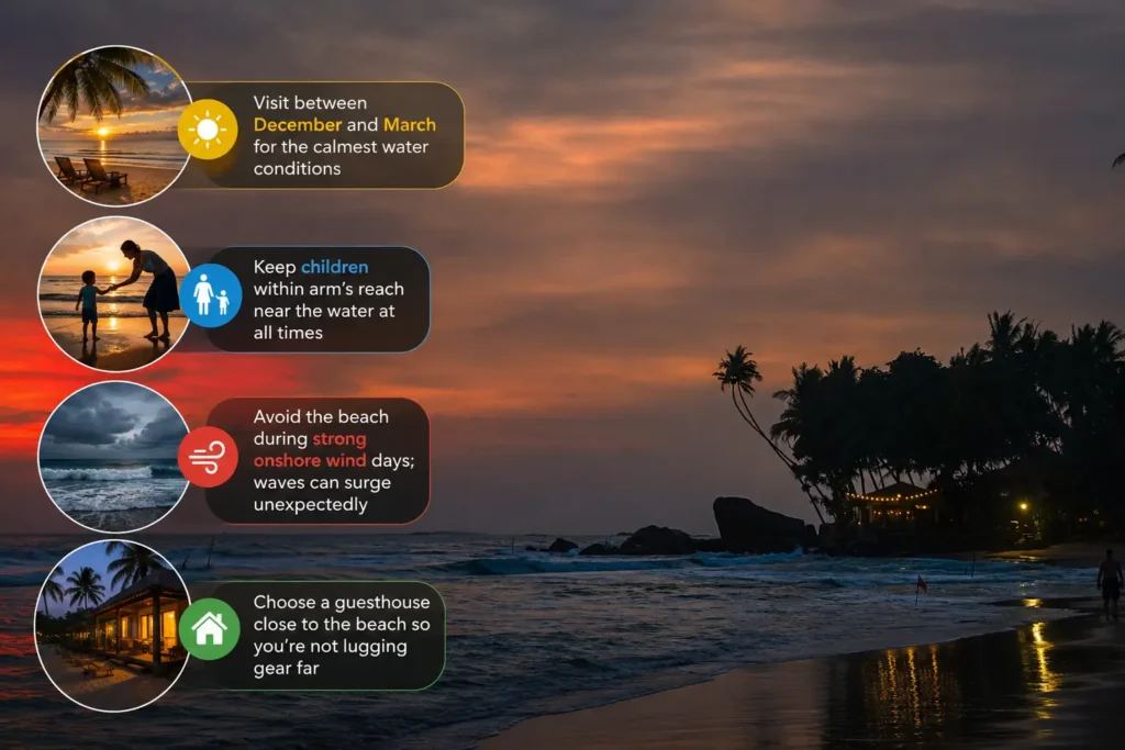 Mirissa Beach sunset with illustrated safety and travel tips.