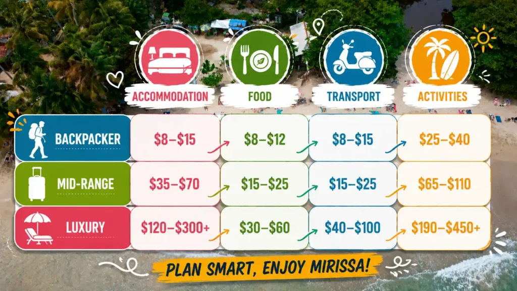 Mirissa travel budget comparison infographic
