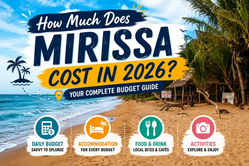 Mirissa travel budget guide thumbnail with tropical beach.