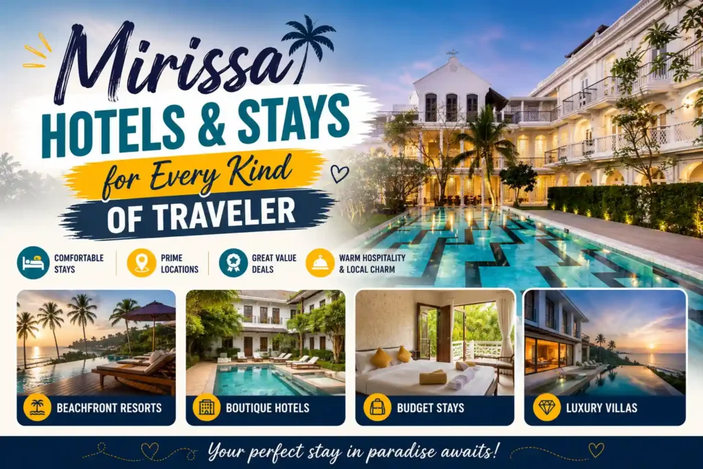 Mirissa hotels and stays guide featuring resorts, villas, boutique hotels, and budget stays.