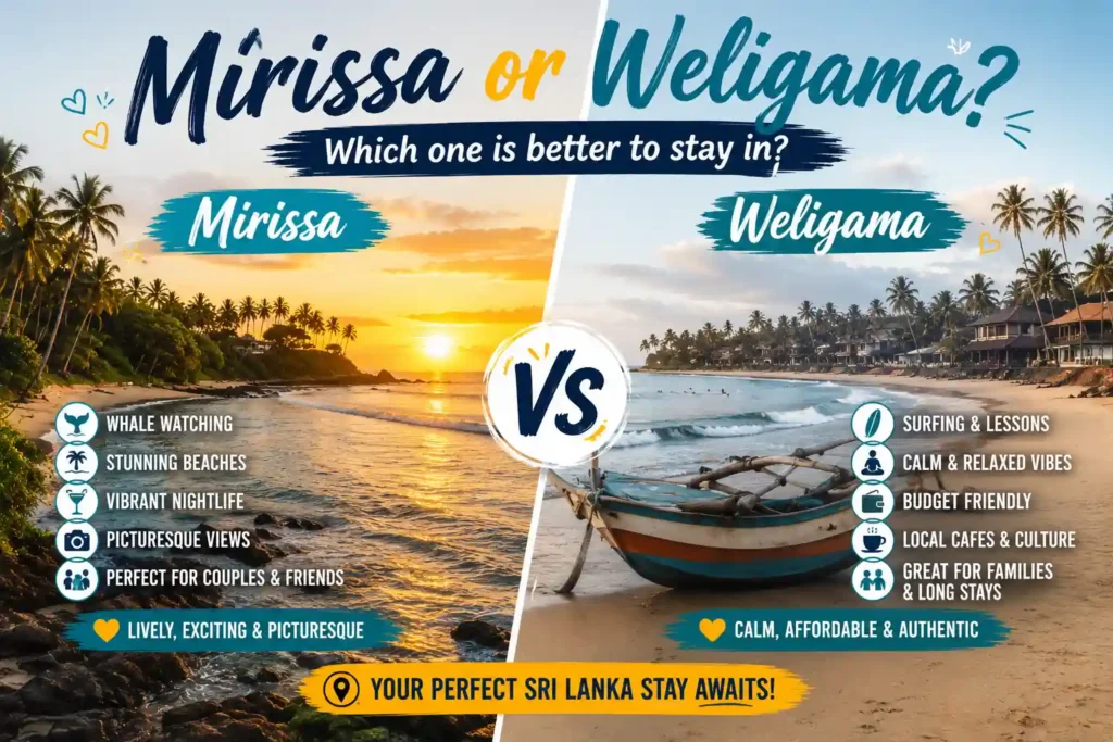 Mirissa vs Weligama beach comparison infographic