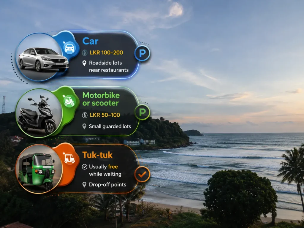 Mirissa parking options for cars, scooters, and tuk-tuks