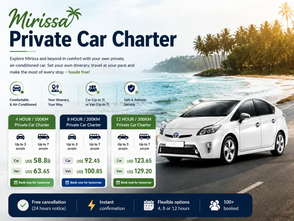 Private car charter service in Mirissa with flexible tour options