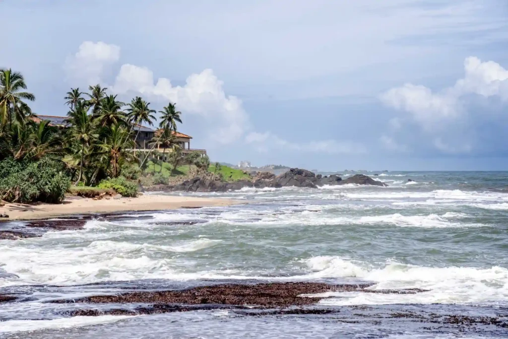 Rocky shoreline and palm-lined coast at Mirissa Beach, Sri Lanka.