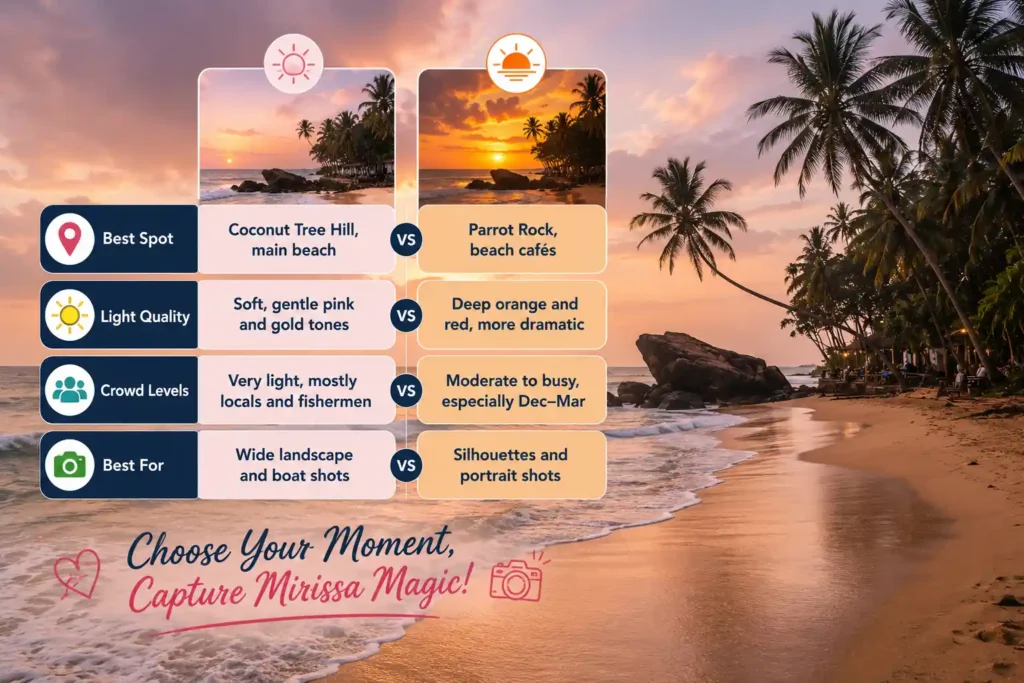 Mirissa sunrise vs sunset photography comparison infographic