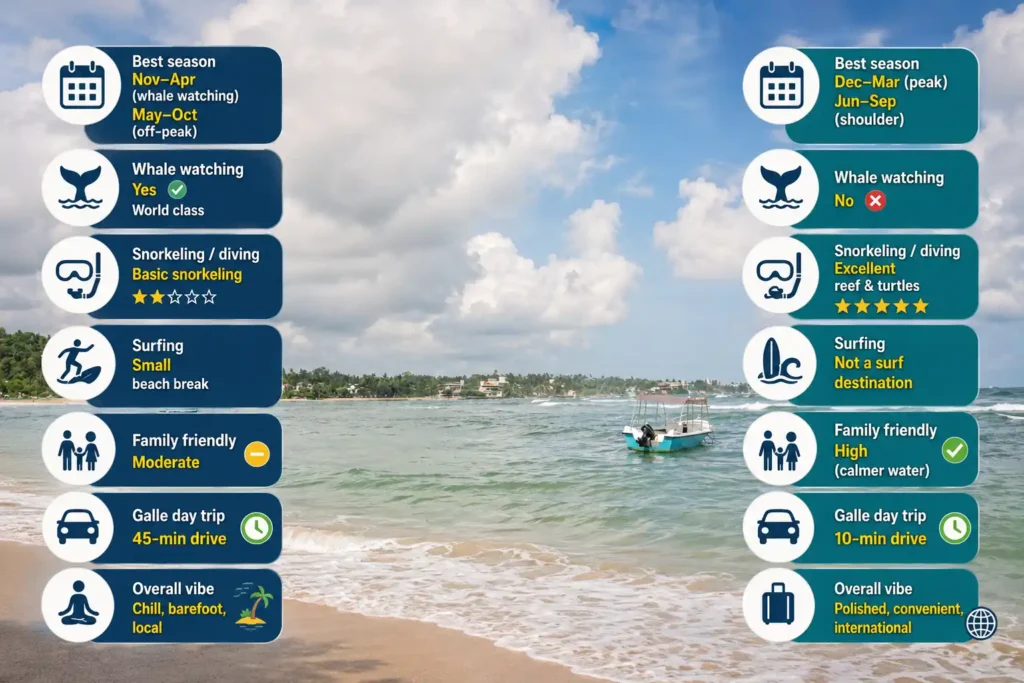 Mirissa vs Unawatuna beach comparison infographic