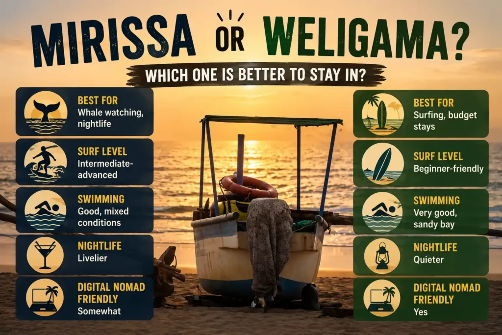 Mirissa vs Weligama comparison infographic for travelers 