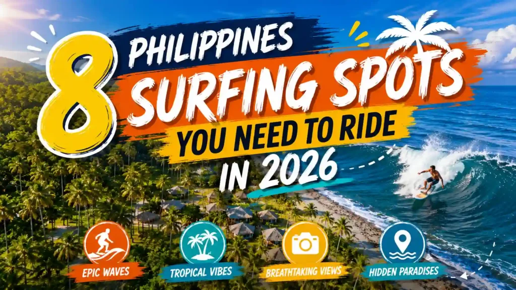 Best surfing spots in the Philippines with tropical beaches and surfer.