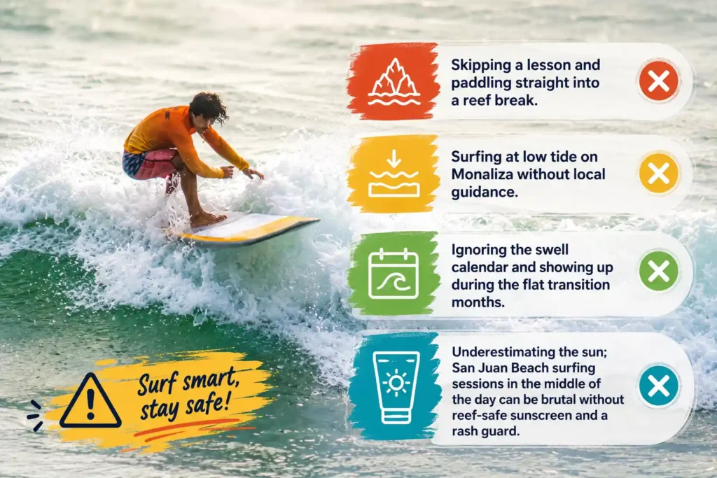 Common San Juan surfing mistakes infographic