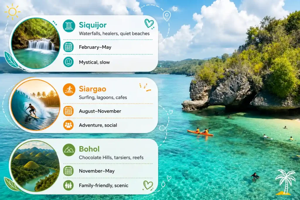 Siquijor Siargao Bohol travel comparison infographic