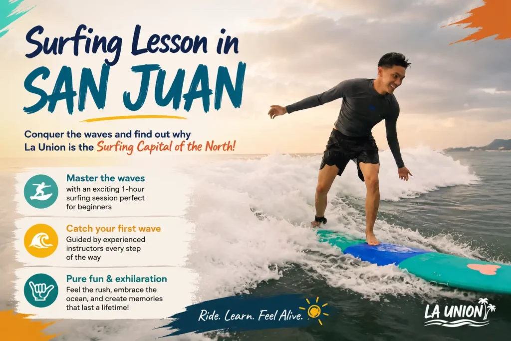 Beginner surfing lesson in San Juan, La Union with instructor-guided wave riding.