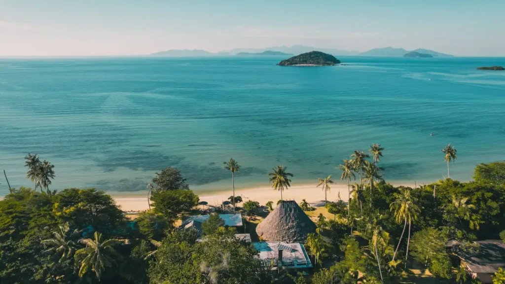 Aerial view of tropical beach and island.