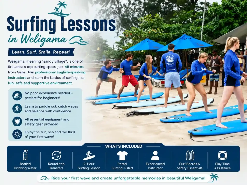 Beginner surfing lesson at Weligama Beach, Sri Lanka.