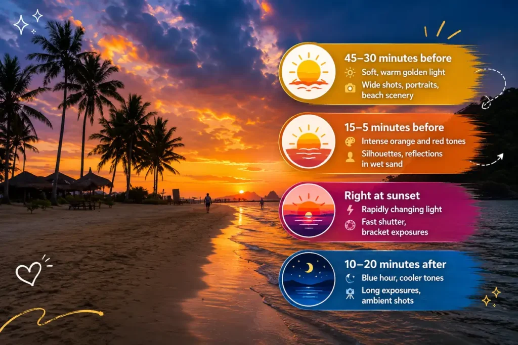 Beach sunset photography timing guide