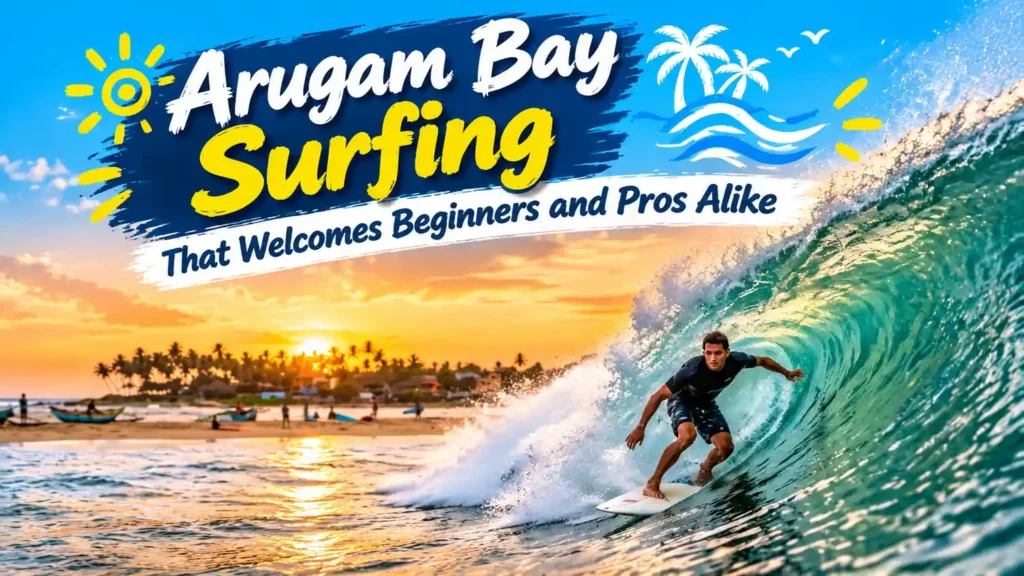 Arugam Bay surfer riding a wave at sunset with travel poster design.