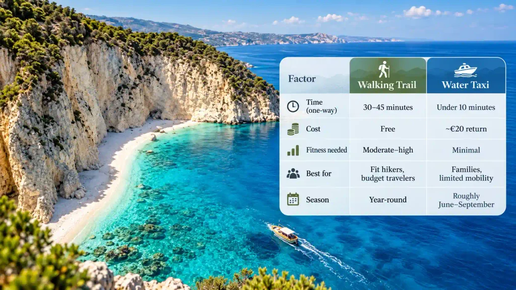 Beach walking trail and water taxi comparison;