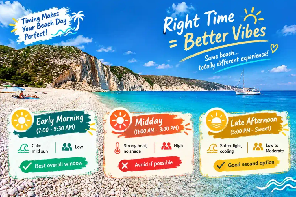 Beach timing guide with morning, midday, and sunset tips.