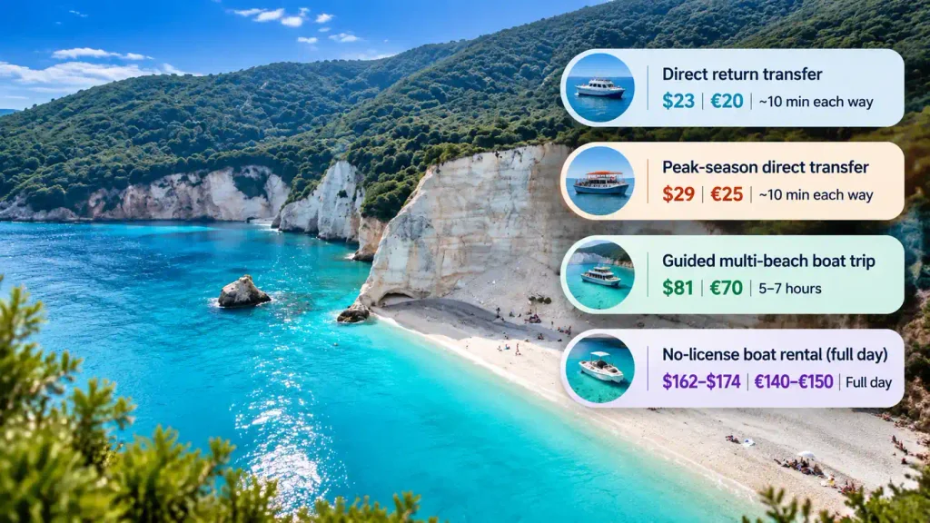 Boat trip prices at coastal beach 