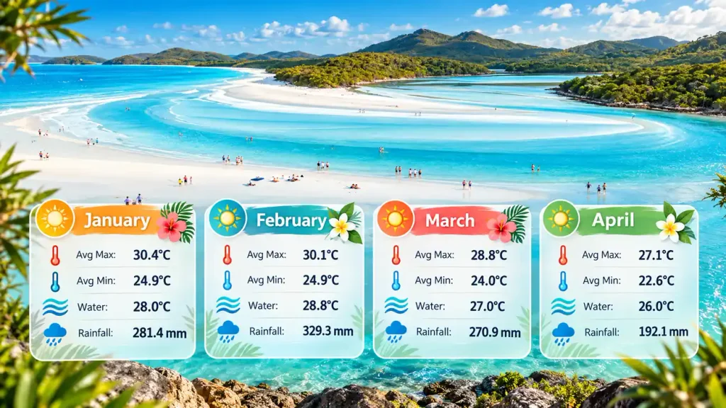 Tropical beach weather infographic with monthly climate details.