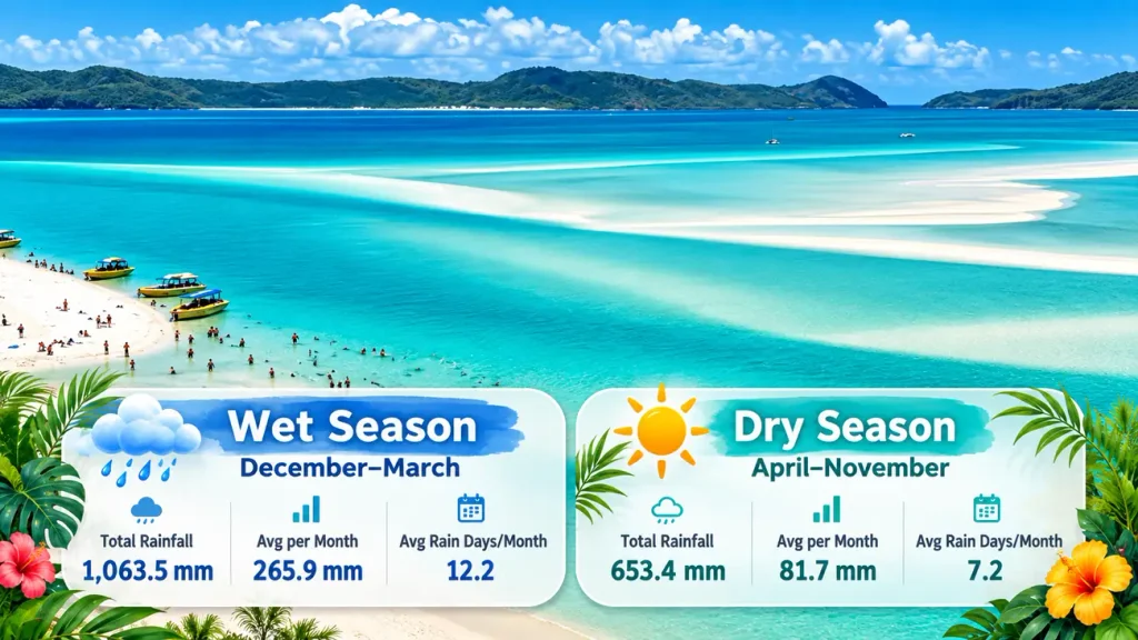 Tropical beach seasonal rainfall infographic.