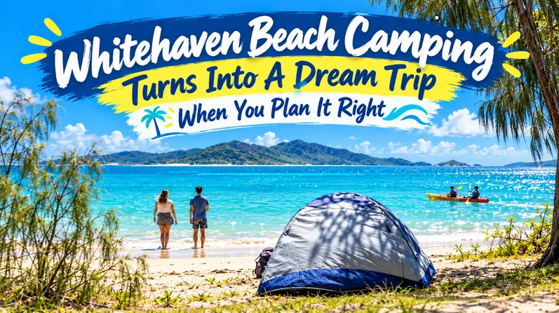 Whitehaven Beach camping scene with ocean, tent, and travel title design.