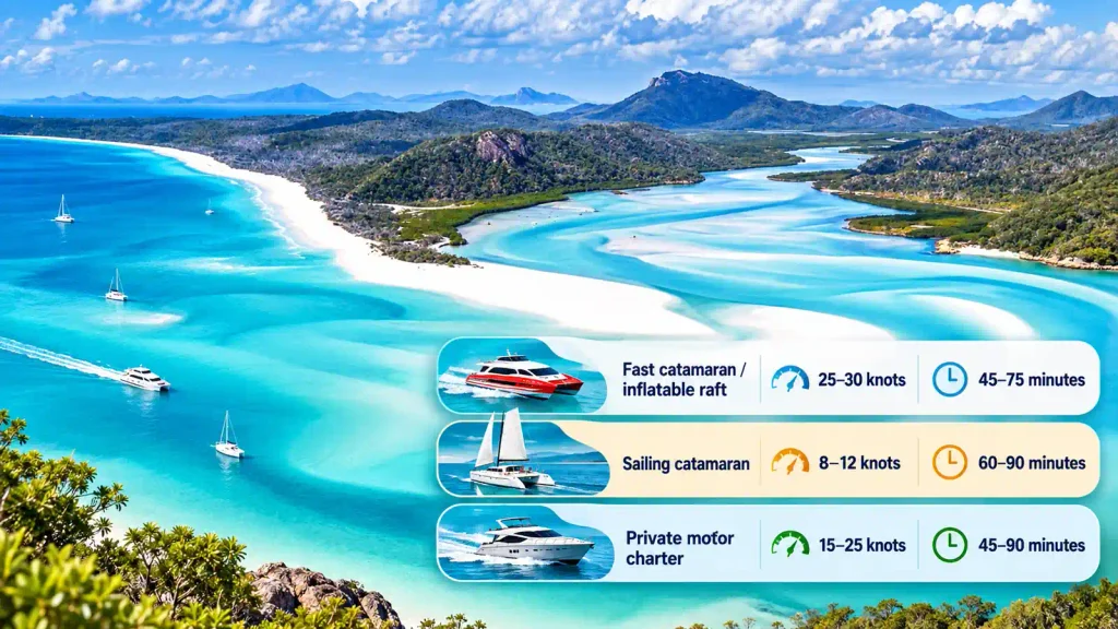 Whitsunday travel infographic comparing boat speeds and travel times.”