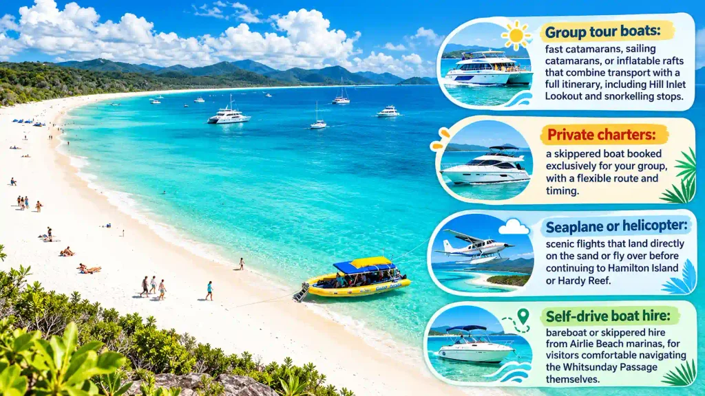 Whitsunday Beach boat guide showing tour, charter, flight, and hire options.