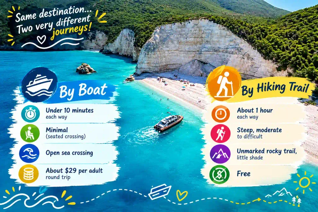 Fteri Beach boat vs hiking.