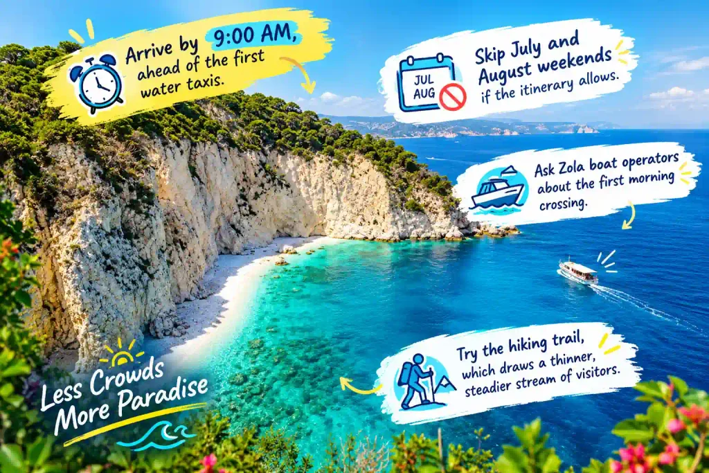 Turquoise cove with tips for avoiding crowds.