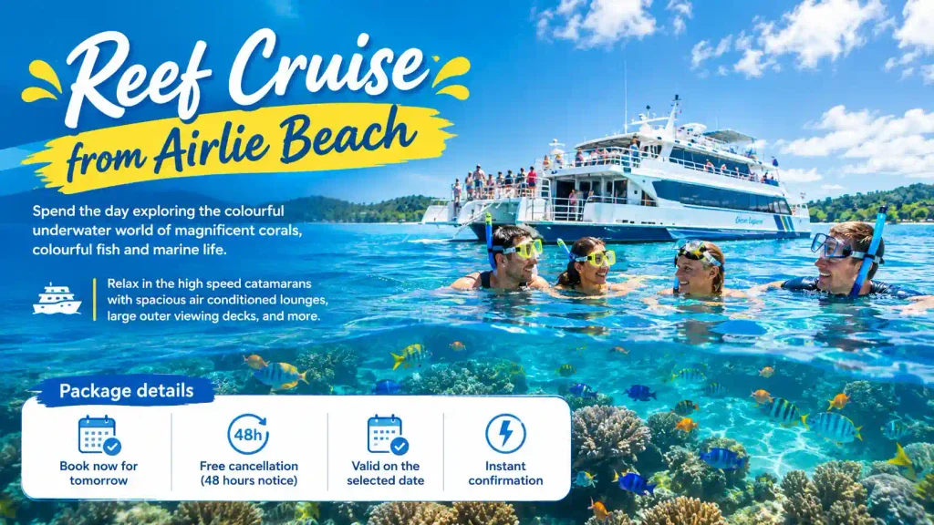 Reef cruise from Airlie Beach with snorkelers and coral reefsTurn a day in the Whitsundays into a reef adventure you’ll remember. 🐠🌊
Enjoy a scenic cruise, delicious lunch, and plenty of time to snorkel or dive.