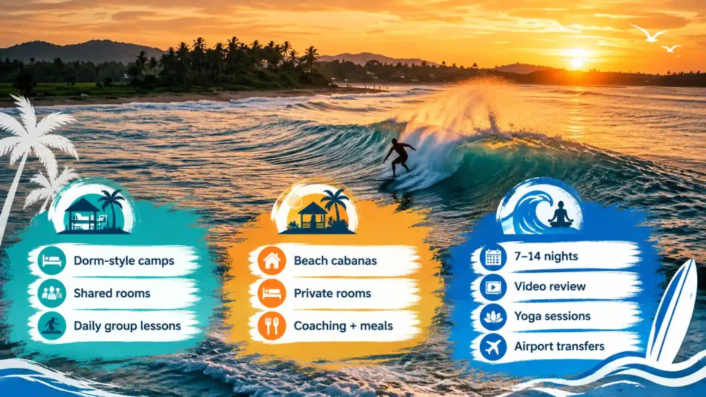 Surf camp packages with ocean wave backdrop.