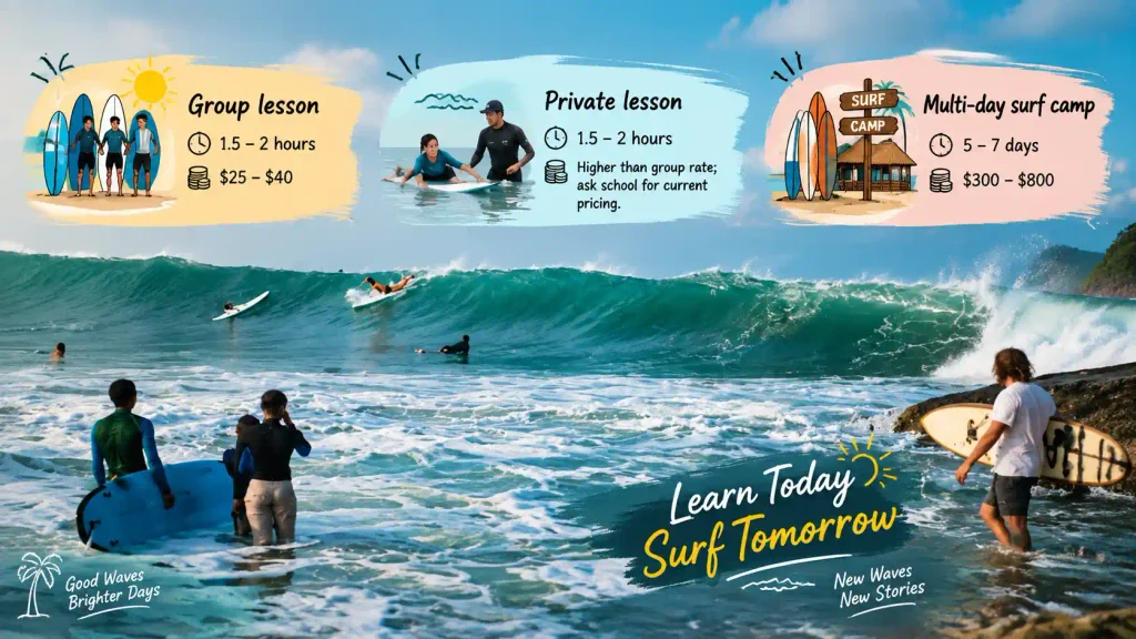 Surf lessons and camp price guide by the beach. 