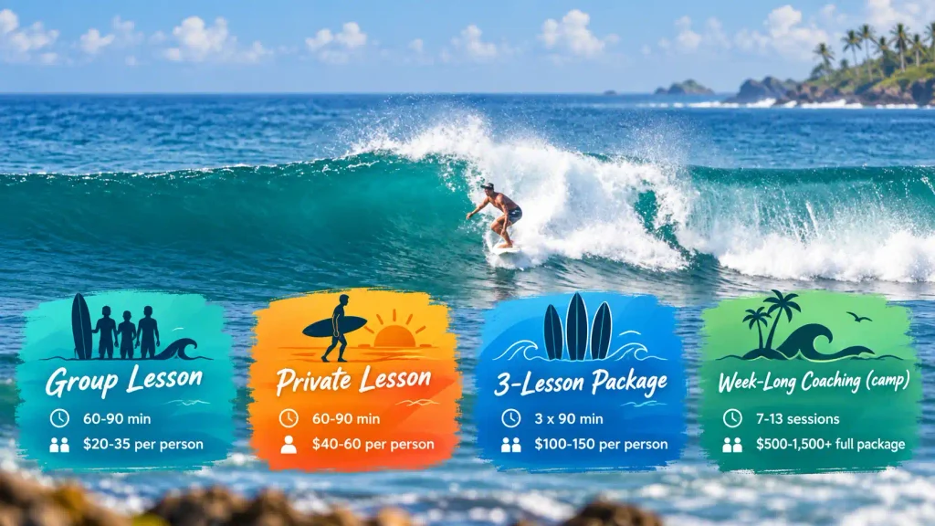 Surf lessons and pricing by the ocean.