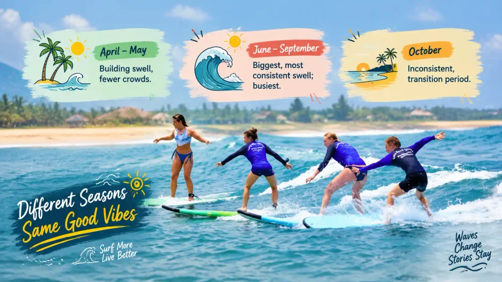 Surf season guide with wave conditions by month. 