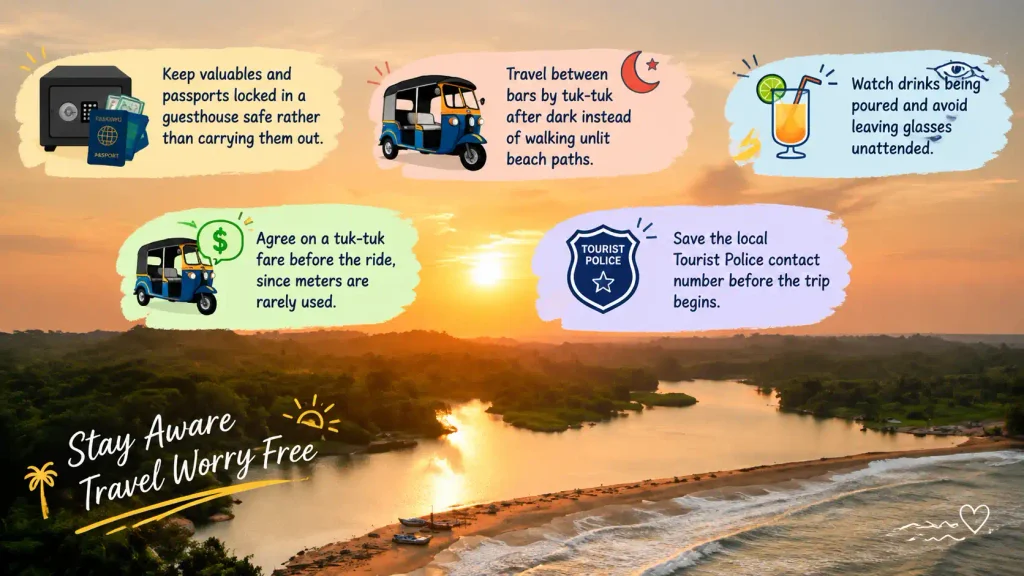 Travel safety tips over a tropical sunset beach