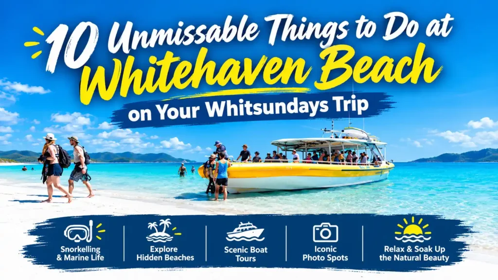 Whitehaven Beach with a scenic boat and travel highlights.