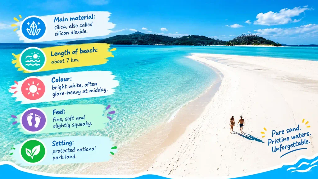 Whitehaven Beach with beach facts infographic.