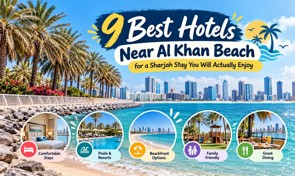 Featured image of Al Khan Beach in Sharjah highlighting nine nearby hotels, beachfront resorts, swimming pools, family-friendly stays and waterfront dining.