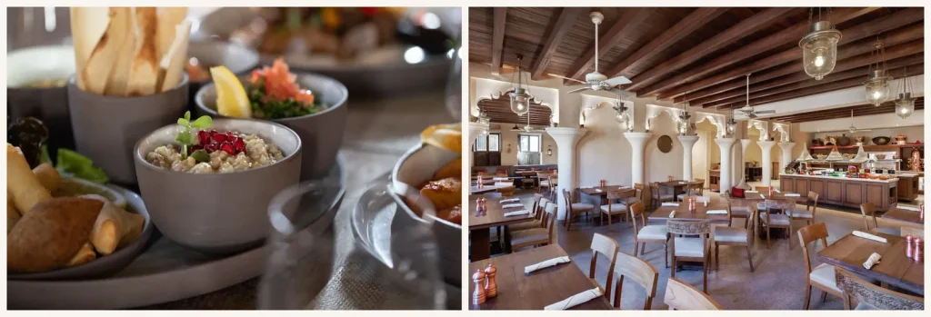 Al Seef Hotel Dubai restaurant interior and a selection of Middle Eastern dishes served at the heritage hotel.