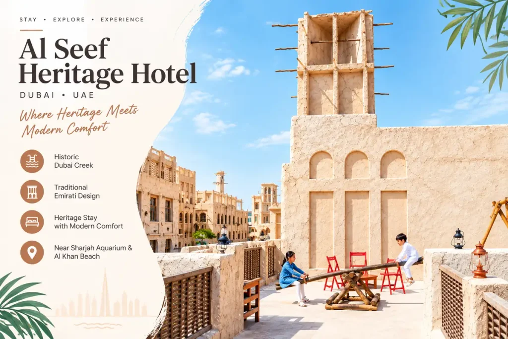 Al Seef Heritage Hotel Dubai featuring traditional Emirati architecture and a sunny heritage courtyard