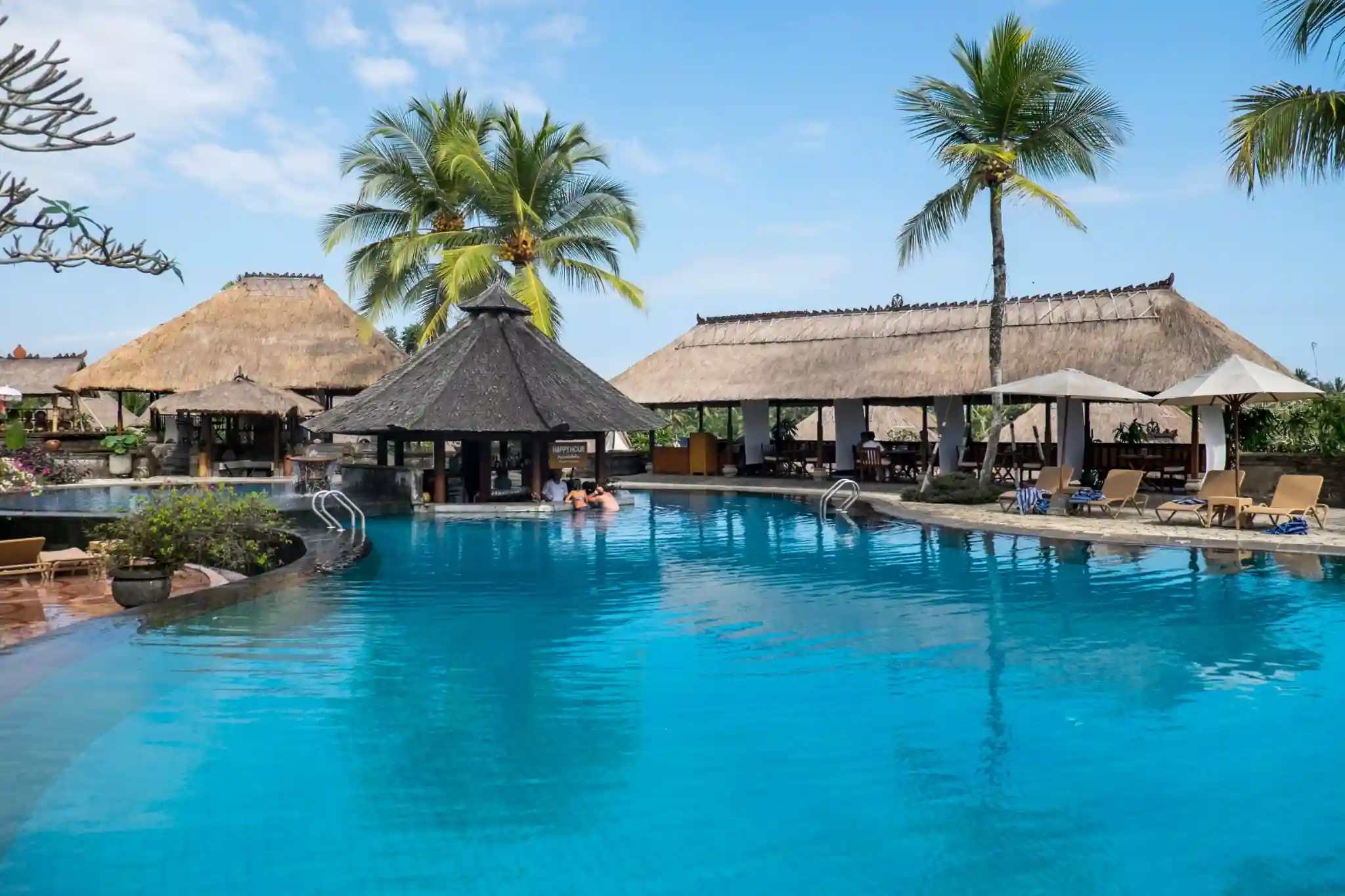 Beach accommodation with a large swimming pool, tropical palm trees, thatched-roof huts, and outdoor lounge areas.