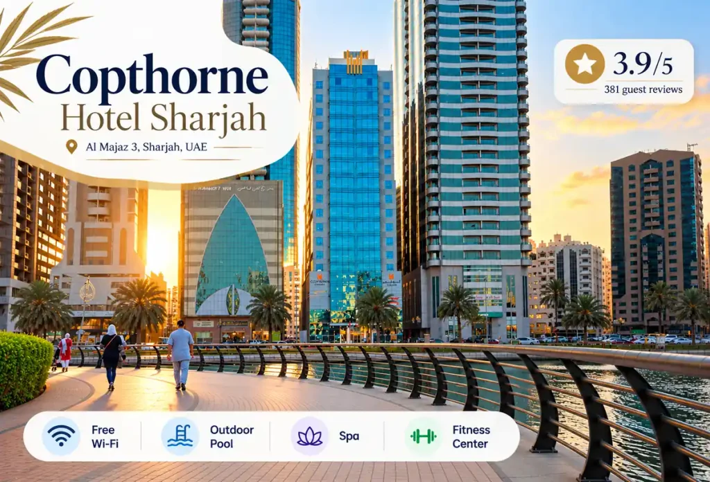 Copthorne Hotel Sharjah near Al Majaz waterfront, featuring modern high-rise buildings, a palm-lined promenade, and hotel amenities including free Wi-Fi, outdoor pool, spa, and fitness center.
