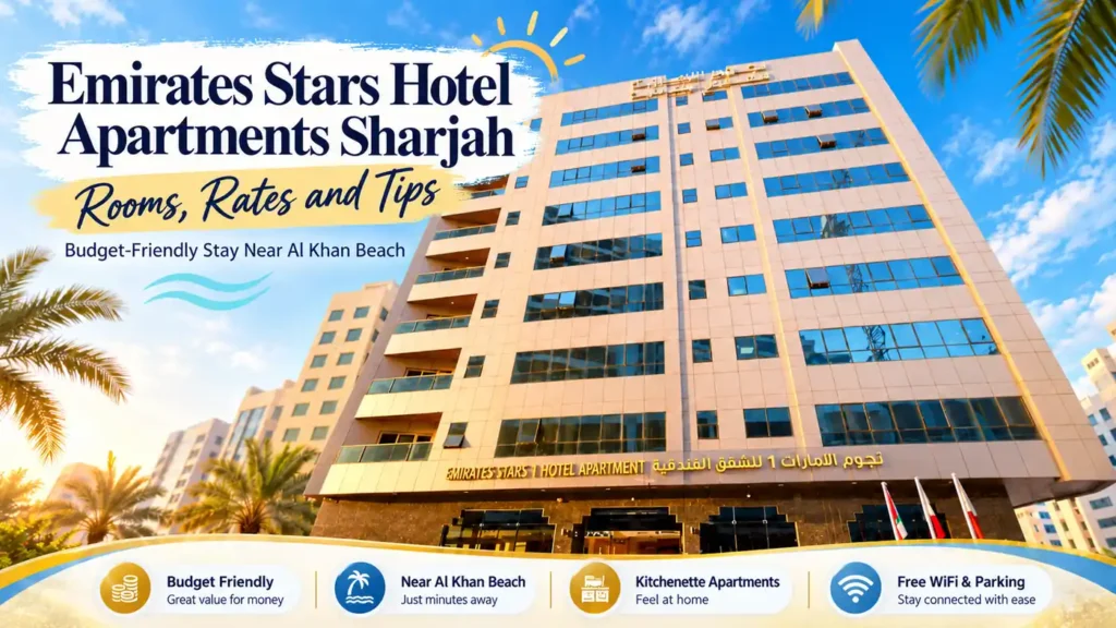 Emirates Stars Hotel Apartments Sharjah exterior featuring a budget-friendly hotel near Al Khan Beach, with kitchenette apartments, free Wi-Fi and parking.