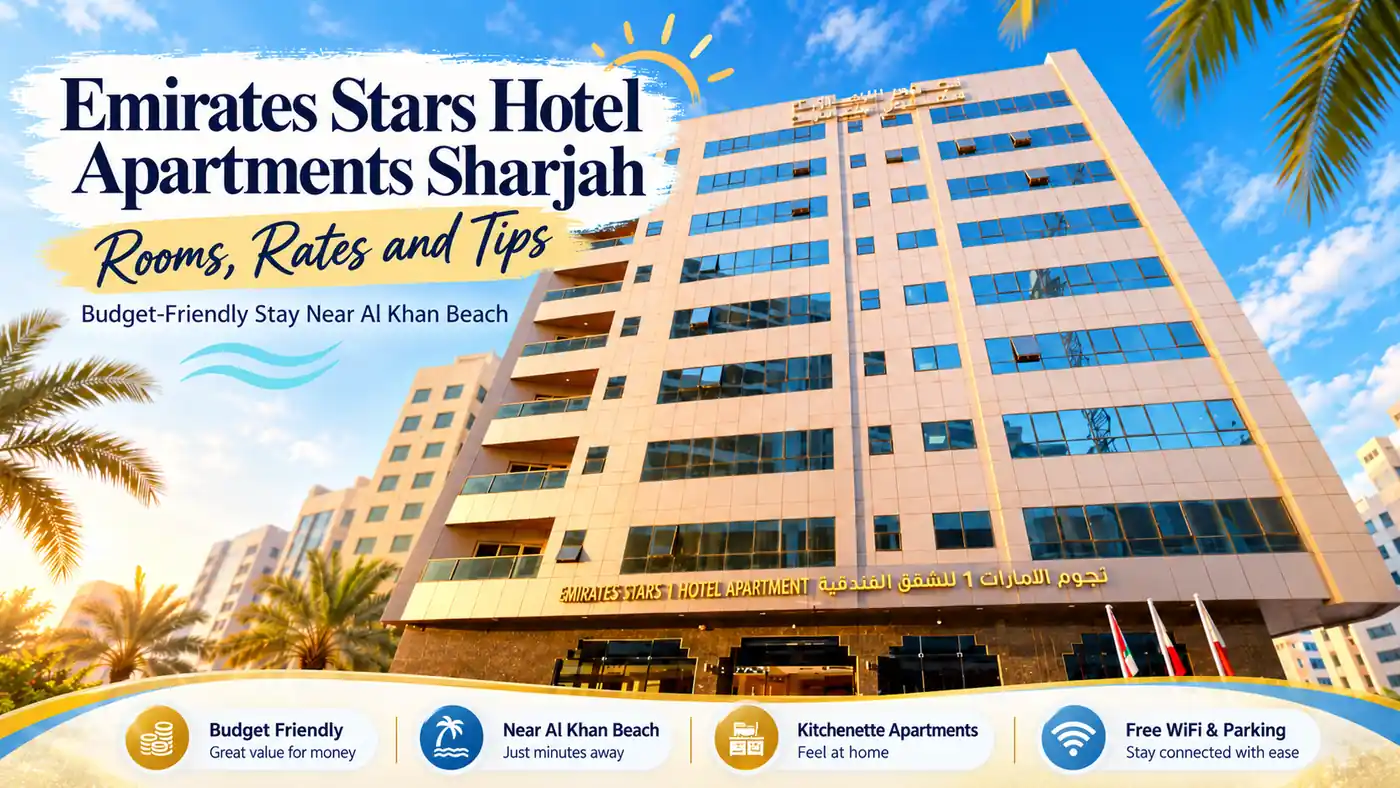 Emirates Stars Hotel Apartments Sharjah exterior featuring a budget-friendly hotel near Al Khan Beach, with kitchenette apartments, free Wi-Fi and parking.