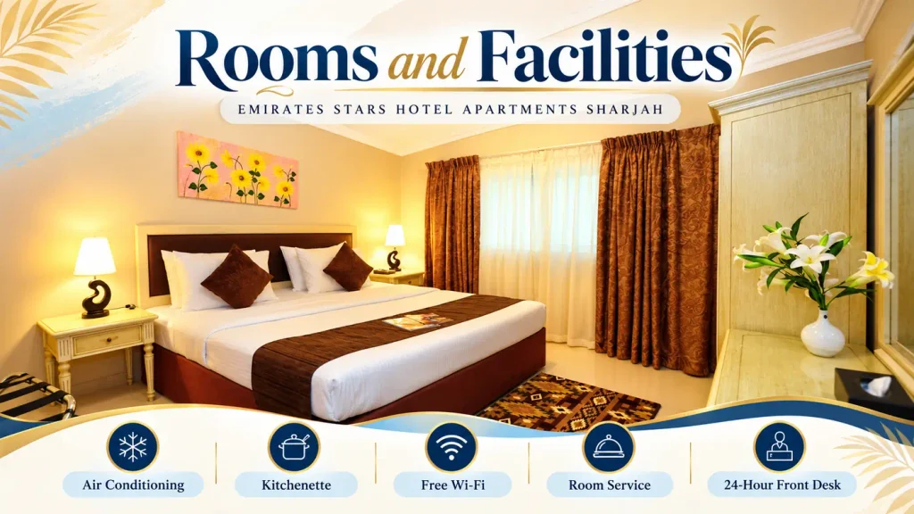 Emirates Stars Hotel Apartments Sharjah bedroom with a double bed and warm furnishings, highlighting air conditioning, kitchenette, free Wi-Fi, room service and 24-hour front desk.