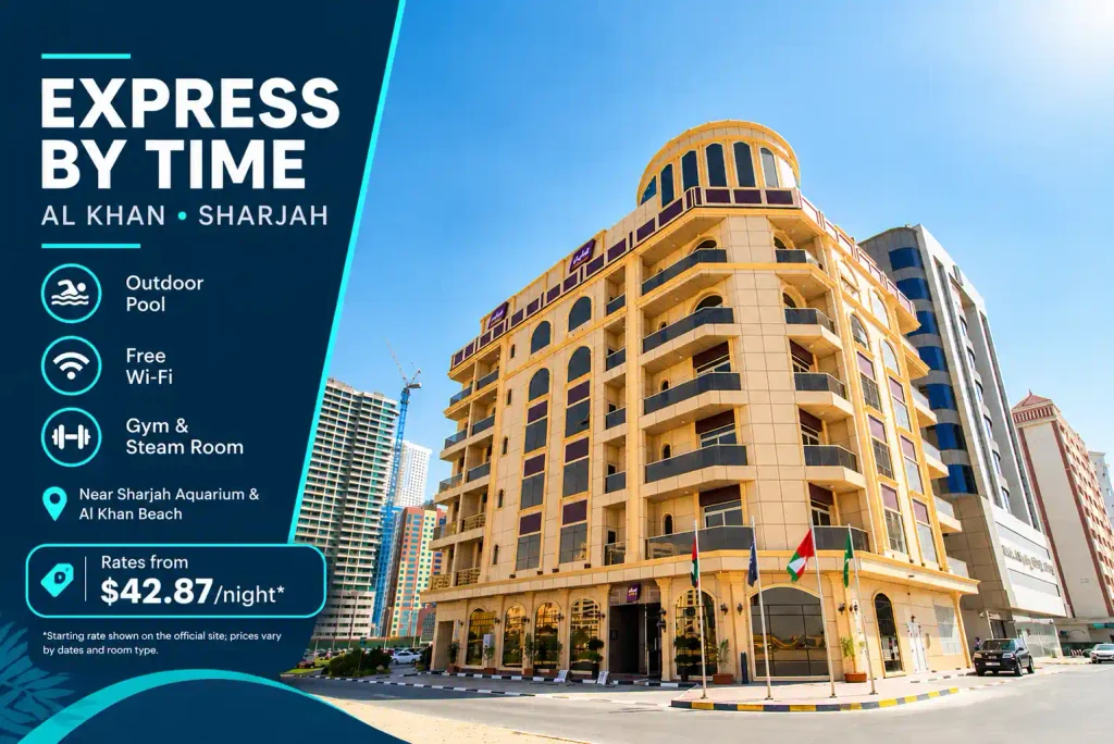 Express by TIME Al Khan hotel in Sharjah, UAE, featuring an outdoor pool, free Wi-Fi, gym and steam room.