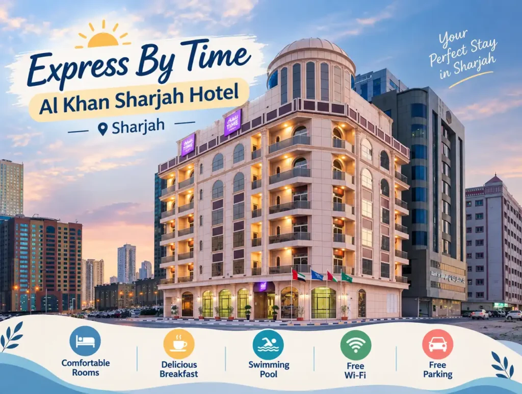 Express By Time Al Khan Sharjah Hotel exterior in Sharjah, UAE, with hotel amenities.