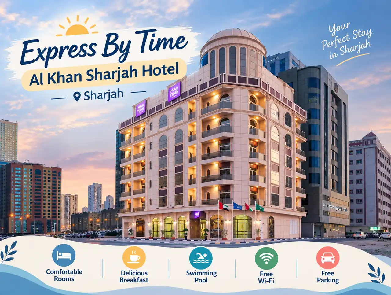Express By Time Al Khan Sharjah Hotel exterior in Sharjah, UAE, with hotel amenities.