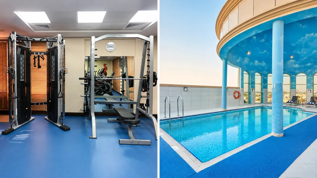 Hotel gym and rooftop swimming pool facilities at Express By Time Al Khan Sharjah Hotel.