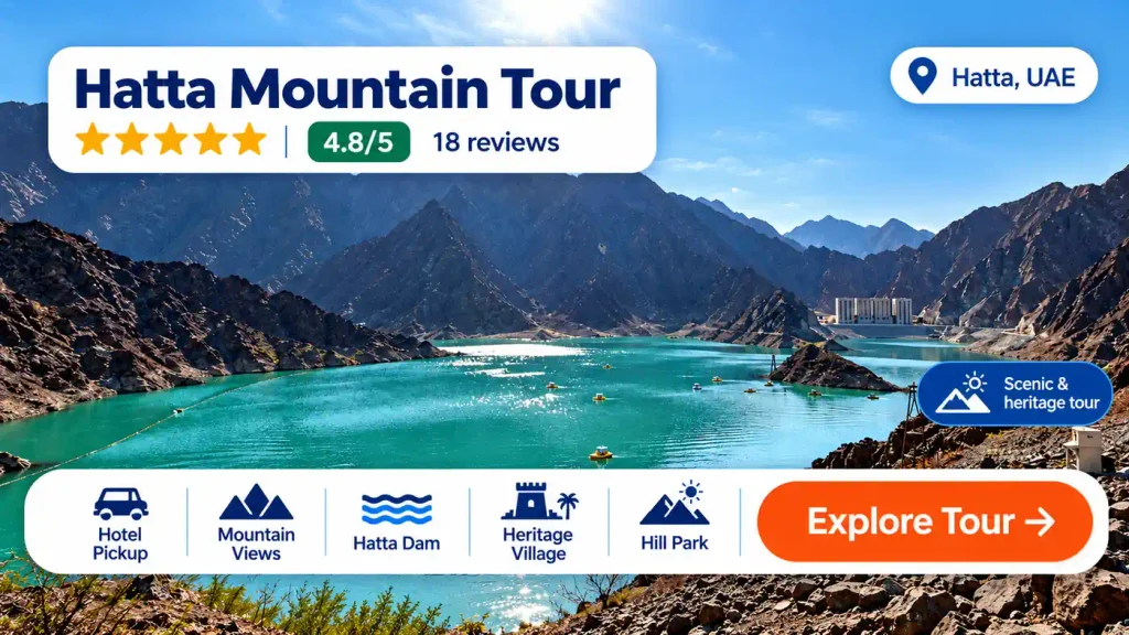 Hatta Mountain Tour from Dubai featuring turquoise Hatta Dam, rugged mountain scenery, Heritage Village and tour booking details.